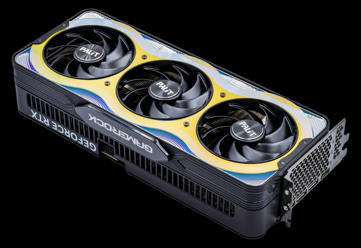 Palit GeForce RTX 5090 GameRock, a triple-fan partner graphics card, in a studio product shot.