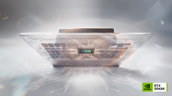 NVIDIA RTX Spark promotional render with the RTX Spark and NVIDIA logos above a stylized Windows-on-Arm laptop.